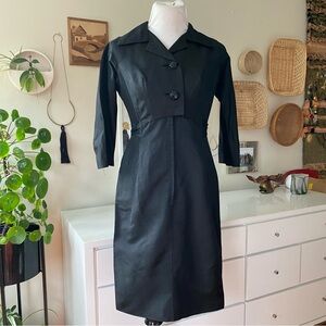 Vintage 50s Little Black Dress with Collared Button Front Jacket Style Top